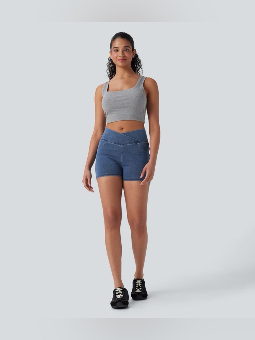 Flex High Waisted Crossover Pocket Denim Shorts Size L Stretch Blue